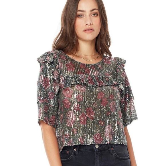 Saltwater LUXE Sequin Floral Print Ruffle Crop Top Size Small S - Picture 1 of 7